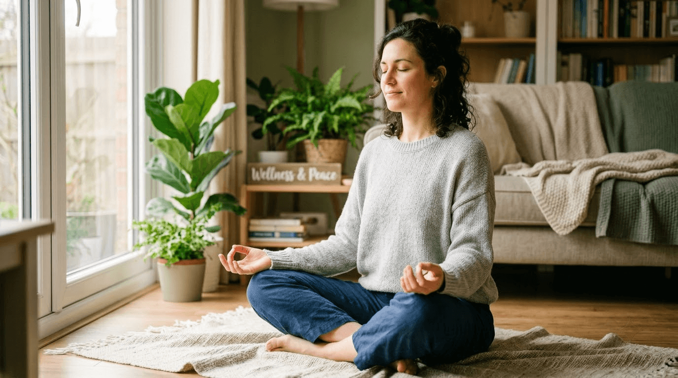 A person meditating with a calm expression, symbolizing the importance of mental health and emotional wellness.
