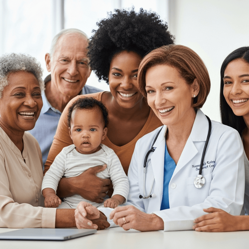 A diverse family of multiple generations smiling with their family doctor at Kennesaw Primary Care, representing complete Family Medicine across every stage of life.