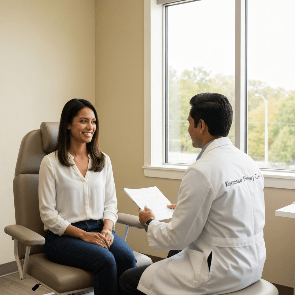 A woman smiling during a routine Womens Health check-up with her doctor at Kennesaw Primary Care.