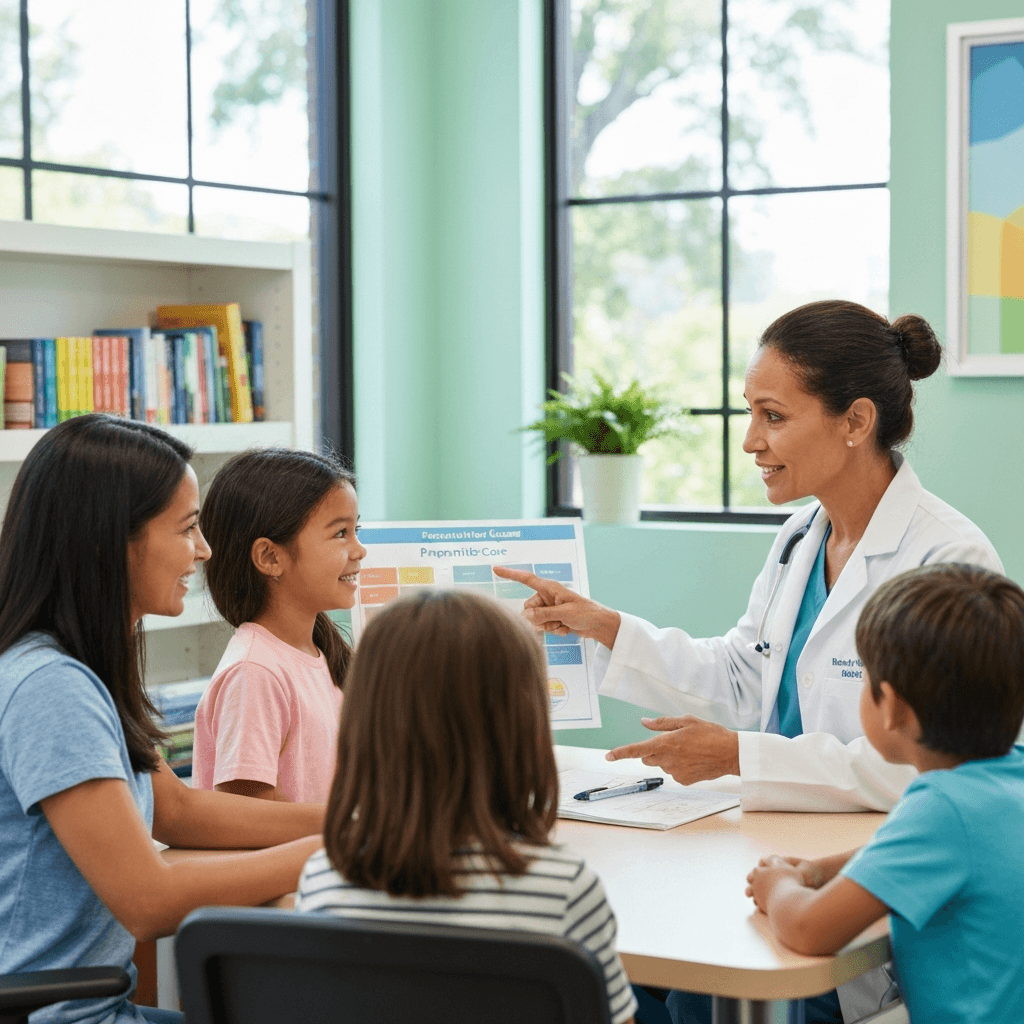 Family doctor consulting with a family, emphasizing preventive care and holistic health at Kennesaw Primary Care.