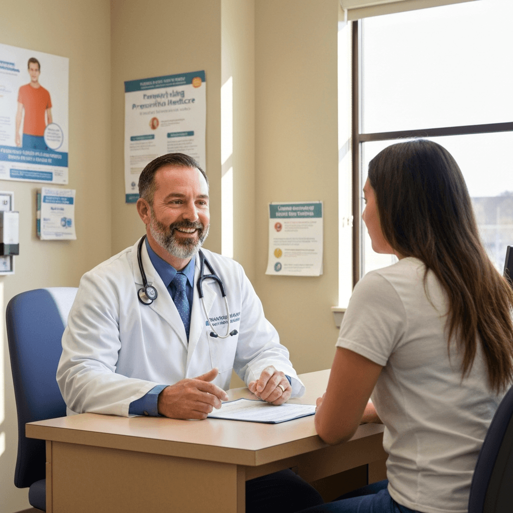 Doctor discussing preventive healthcare with a patient during a checkup at Kennesaw Primary Care