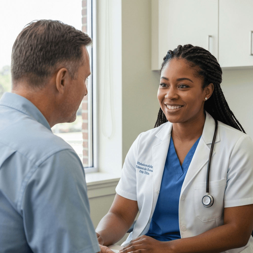 A patient discussing mental health and psychiatry options with a compassionate healthcare provider in Kennesaw.