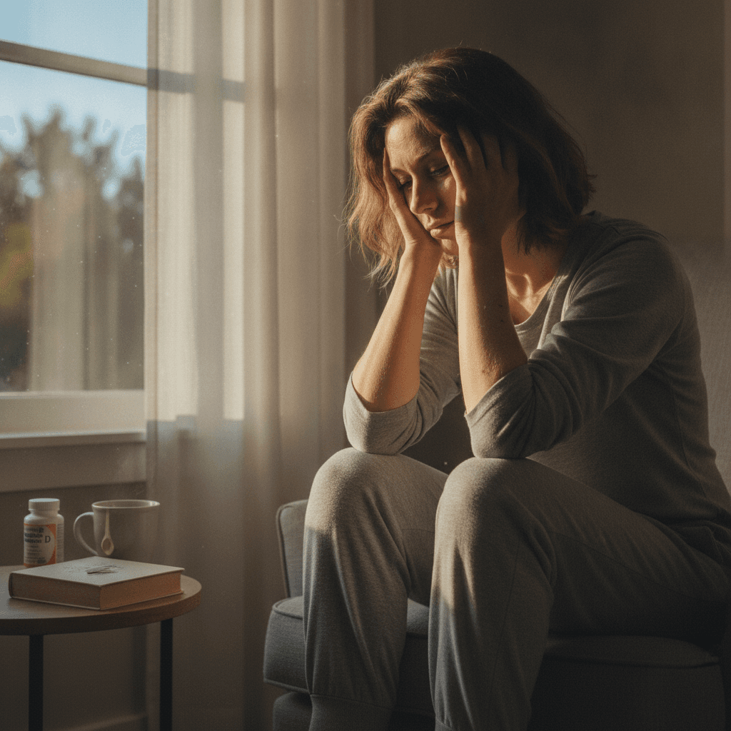 Person feeling fatigued, showing common vitamin D deficiency symptoms, sitting by a window for sunlight.