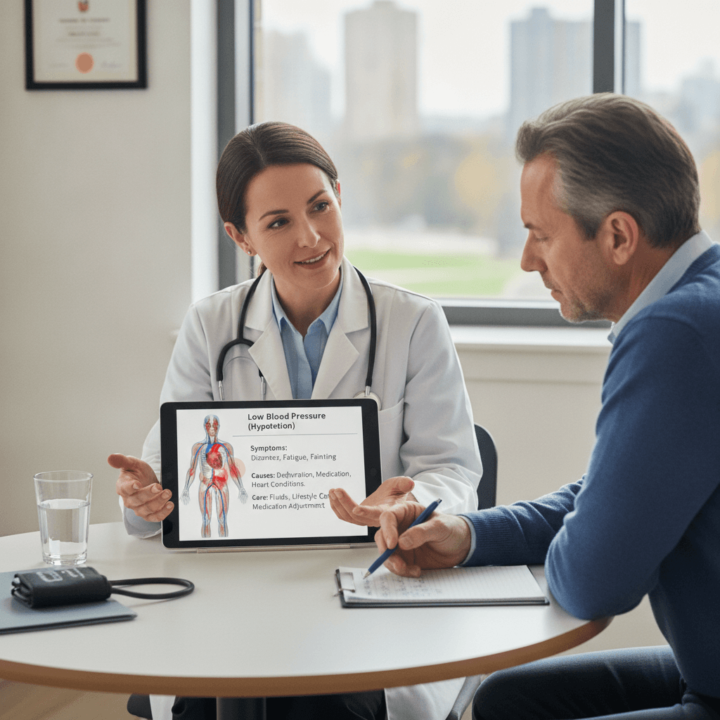 Doctor discussing low blood pressure symptoms with a patient, highlighting causes and care.