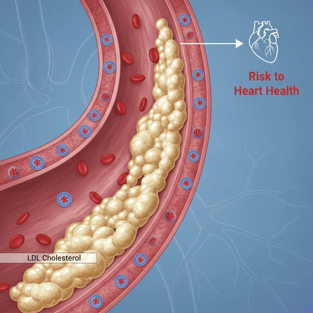 A medical illustration showing high LDL cholesterol accumulating in an artery, signifying risk to heart health.