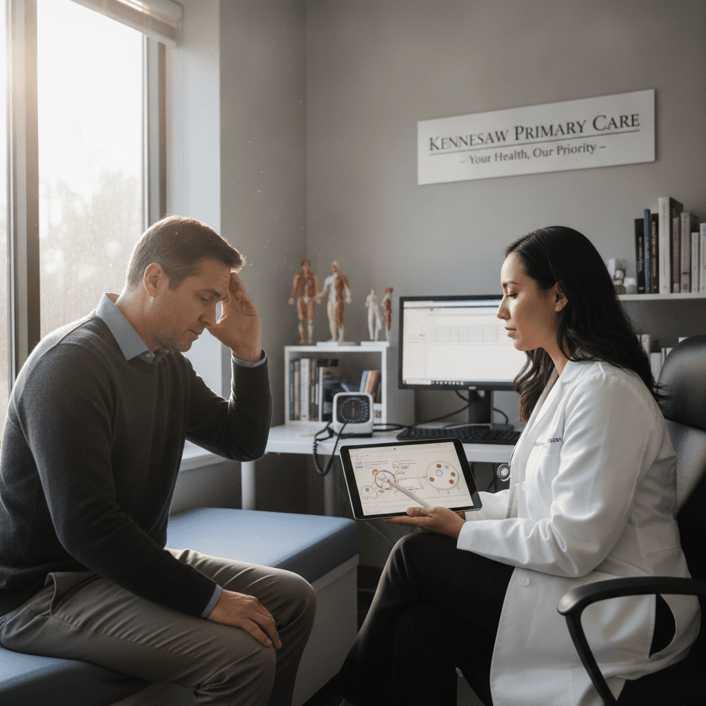 Doctor discussing chronic fatigue symptoms with a patient at Kennesaw Primary Care