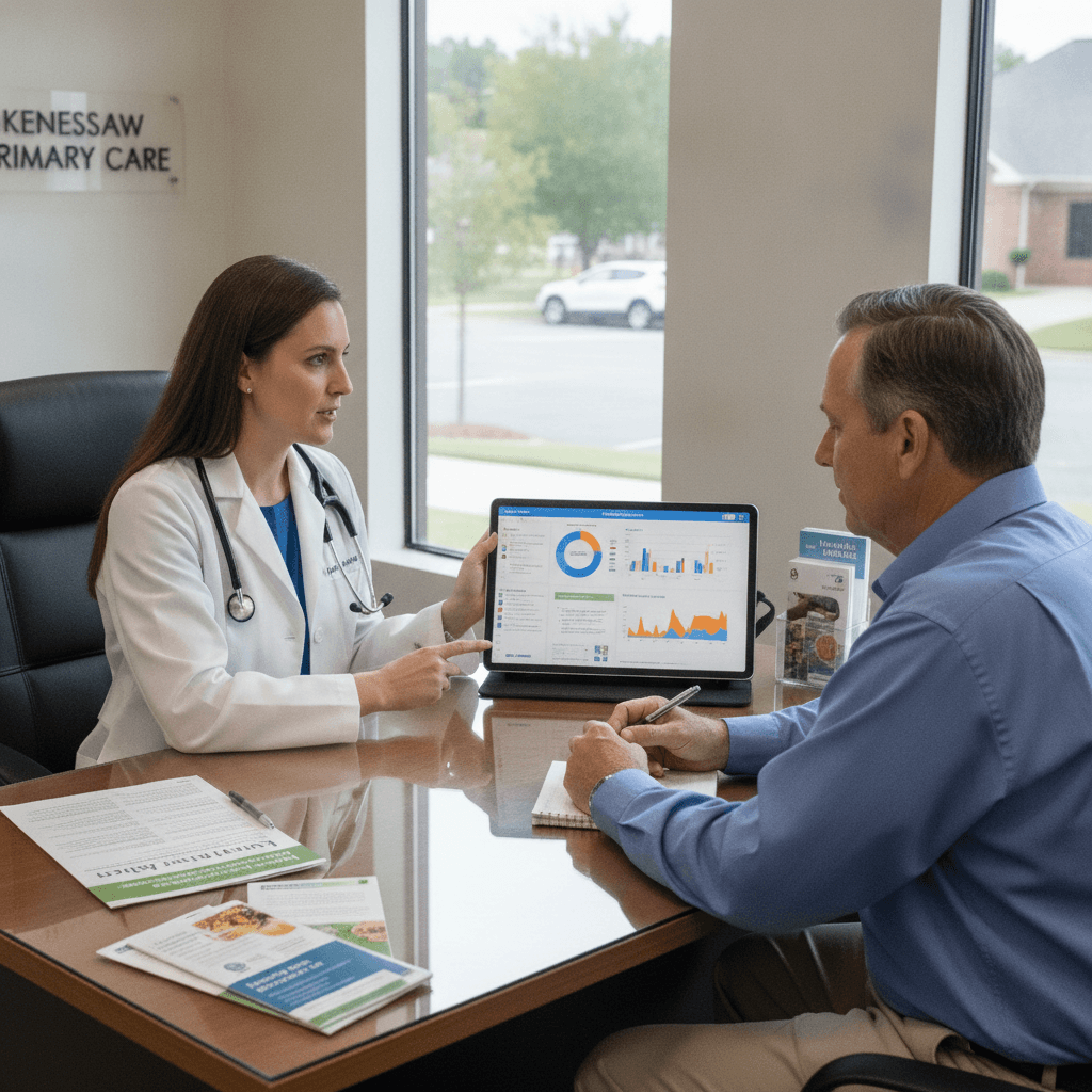 Doctor explaining uncontrolled diabetes management to a patient in Kennesaw Primary Care office