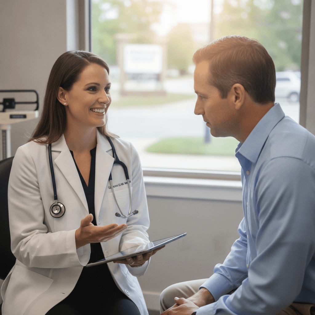 Doctor discussing health with patient during an annual physical exam near me in Kennesaw