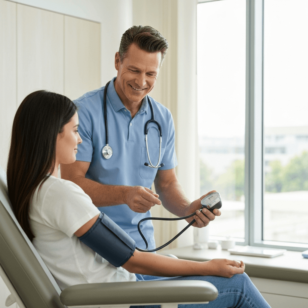 A healthcare provider checking a patient's blood pressure during a routine medical examination.