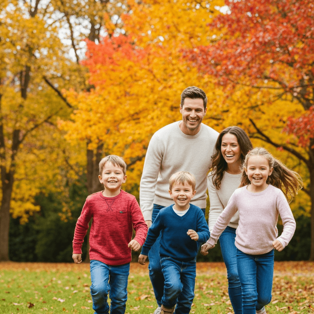 A family (parents and two children) smiling and healthy, perhaps at a park, symbolizing health and wellness during flu season. In the background, autumn trees.
