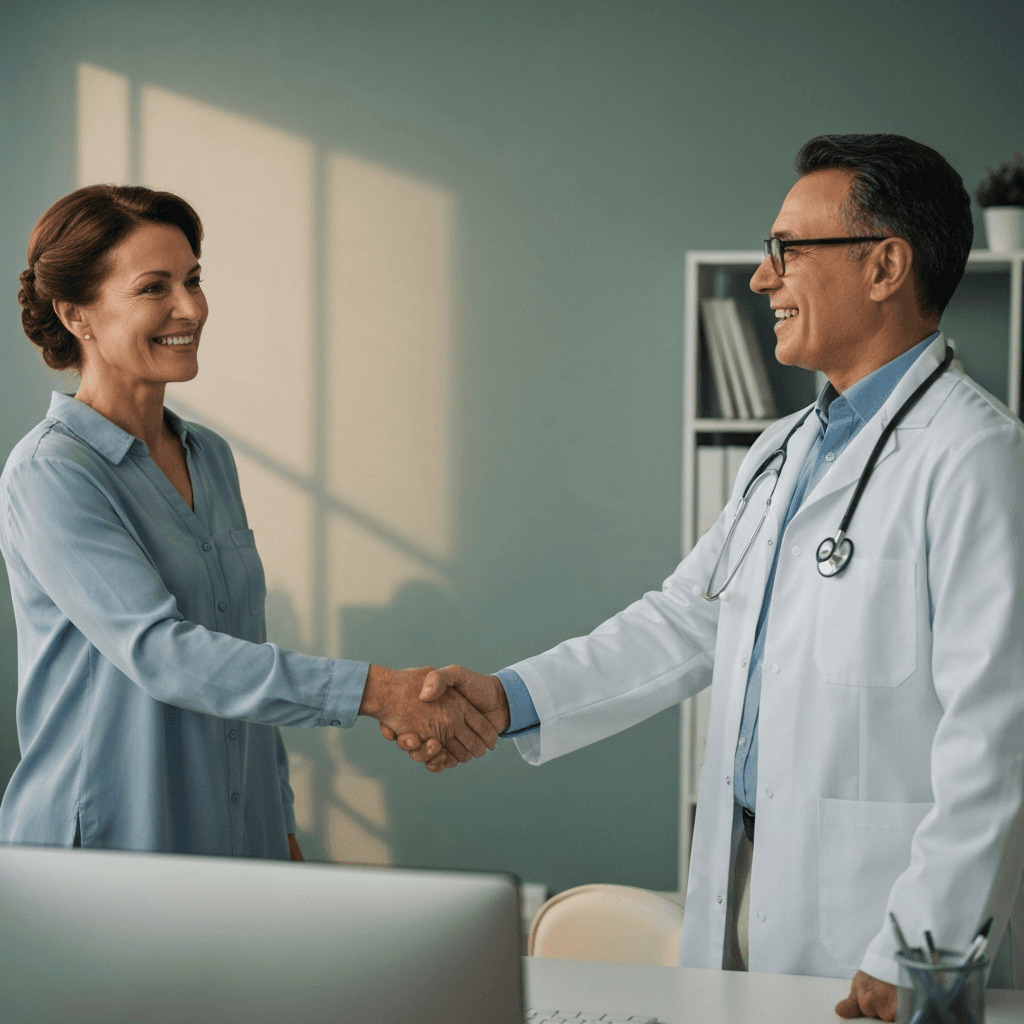 A patient shaking hands with their primary care physician in a modern medical office, emphasizing trust and good communication.