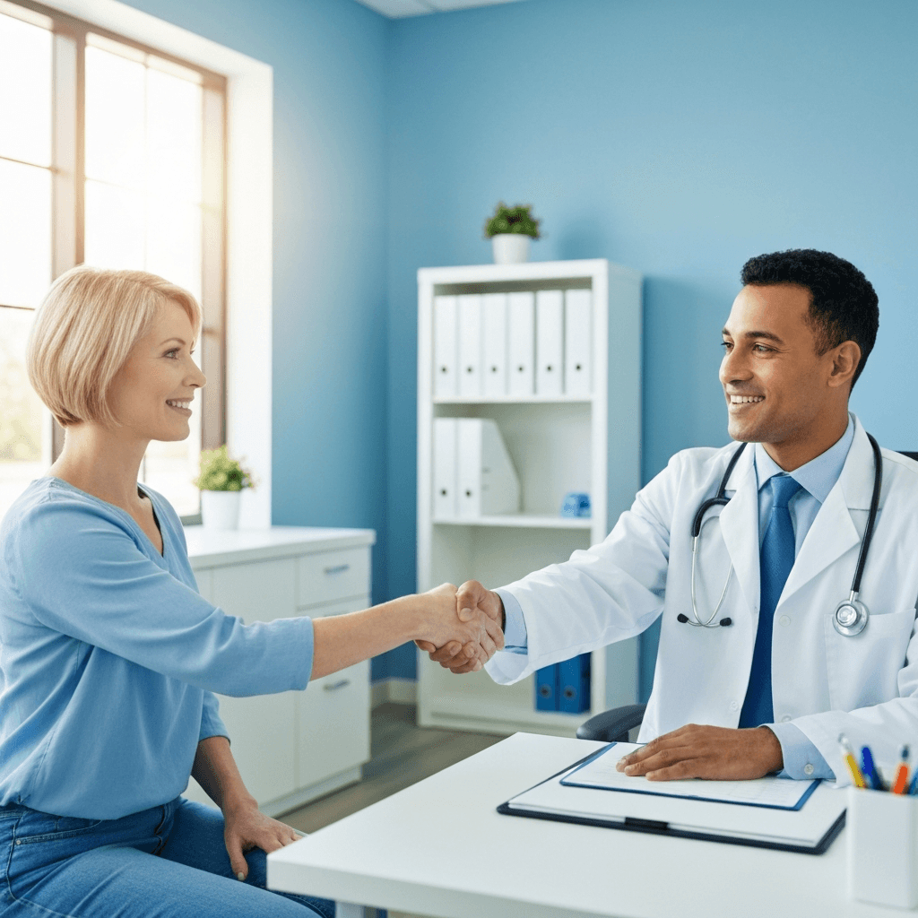 Two professionals, a psychiatrist and a psychologist, discussing mental health care options with a patient.