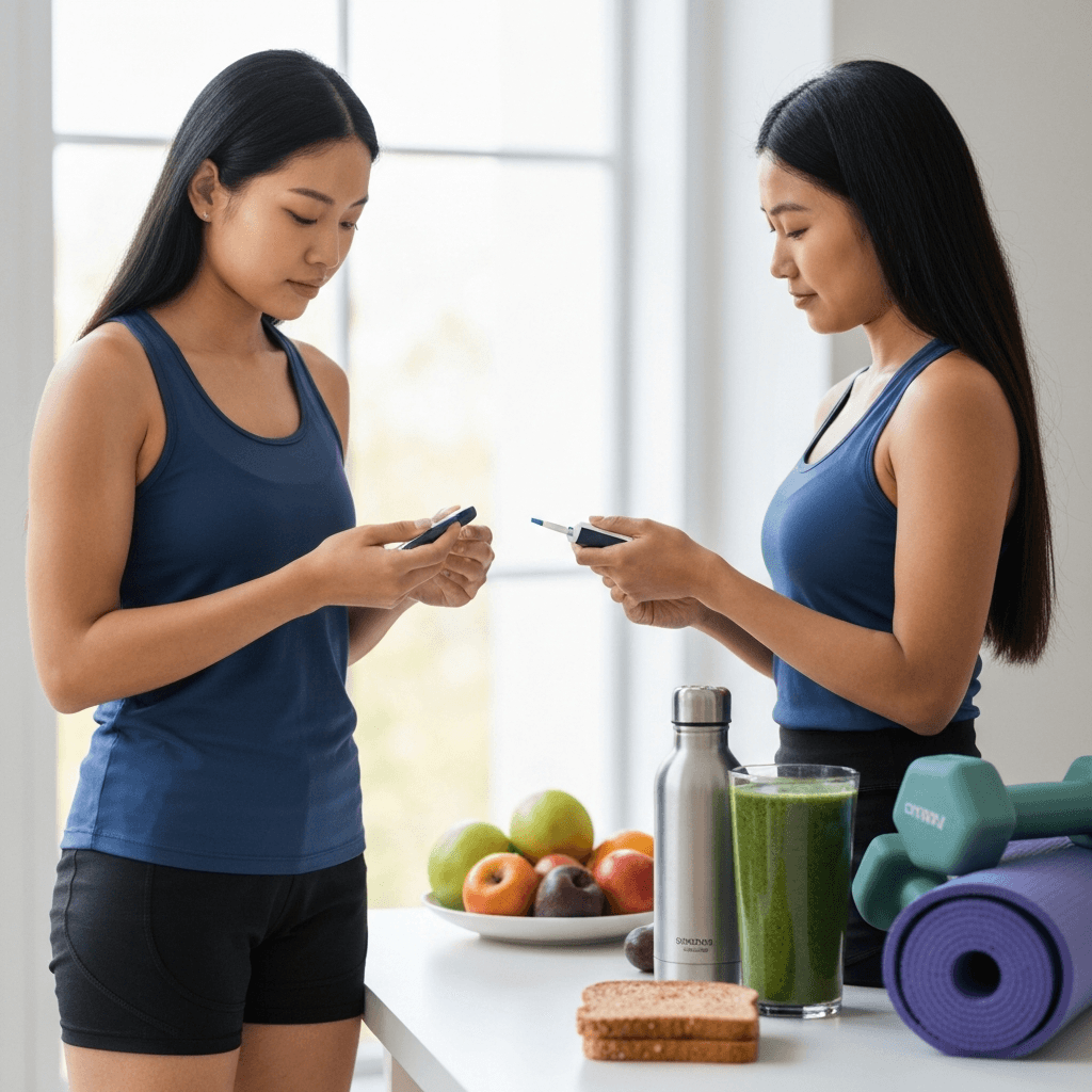 A person checking their blood sugar with a glucometer, surrounded by healthy food, a water bottle, and workout gear, symbolizing active diabetes management and a healthy lifestyle.