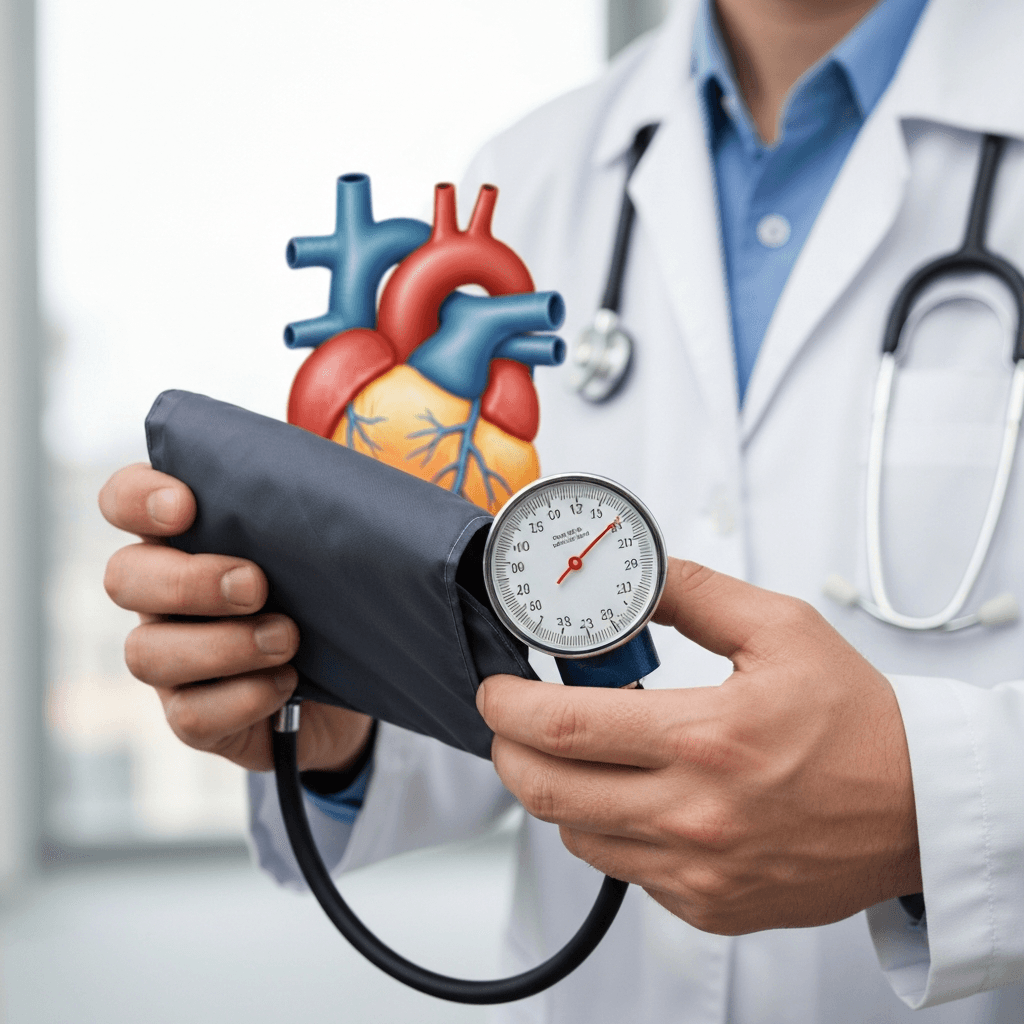 A doctor's hands holding a blood pressure monitor cuff with a heart diagram in the background, symbolizing high blood pressure treatment and care.