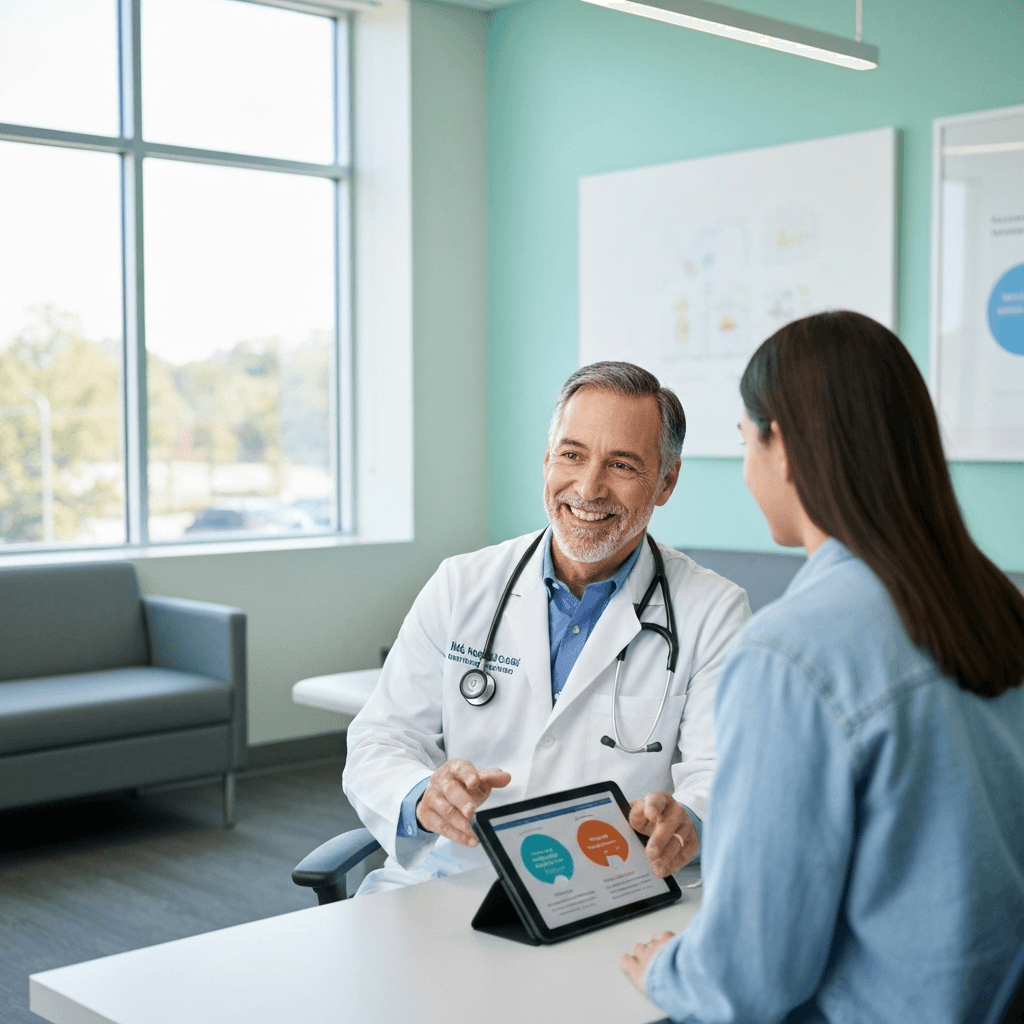 An internal medicine doctor consulting with an adult patient, pointing to a tablet screen in a bright, modern medical office at Kennesaw Primary Care.
