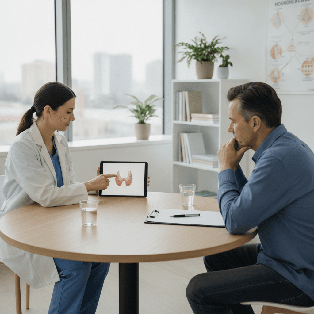 A healthcare provider discussing thyroid symptoms with a patient in a medical clinic.