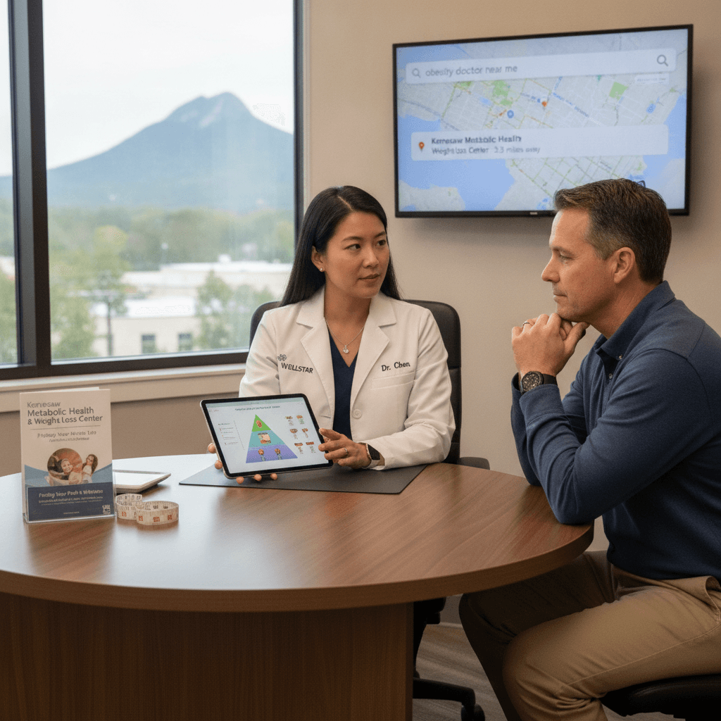 A doctor and patient discussing weight management in Kennesaw, GA, symbolizing finding an "obesity doctor near me".