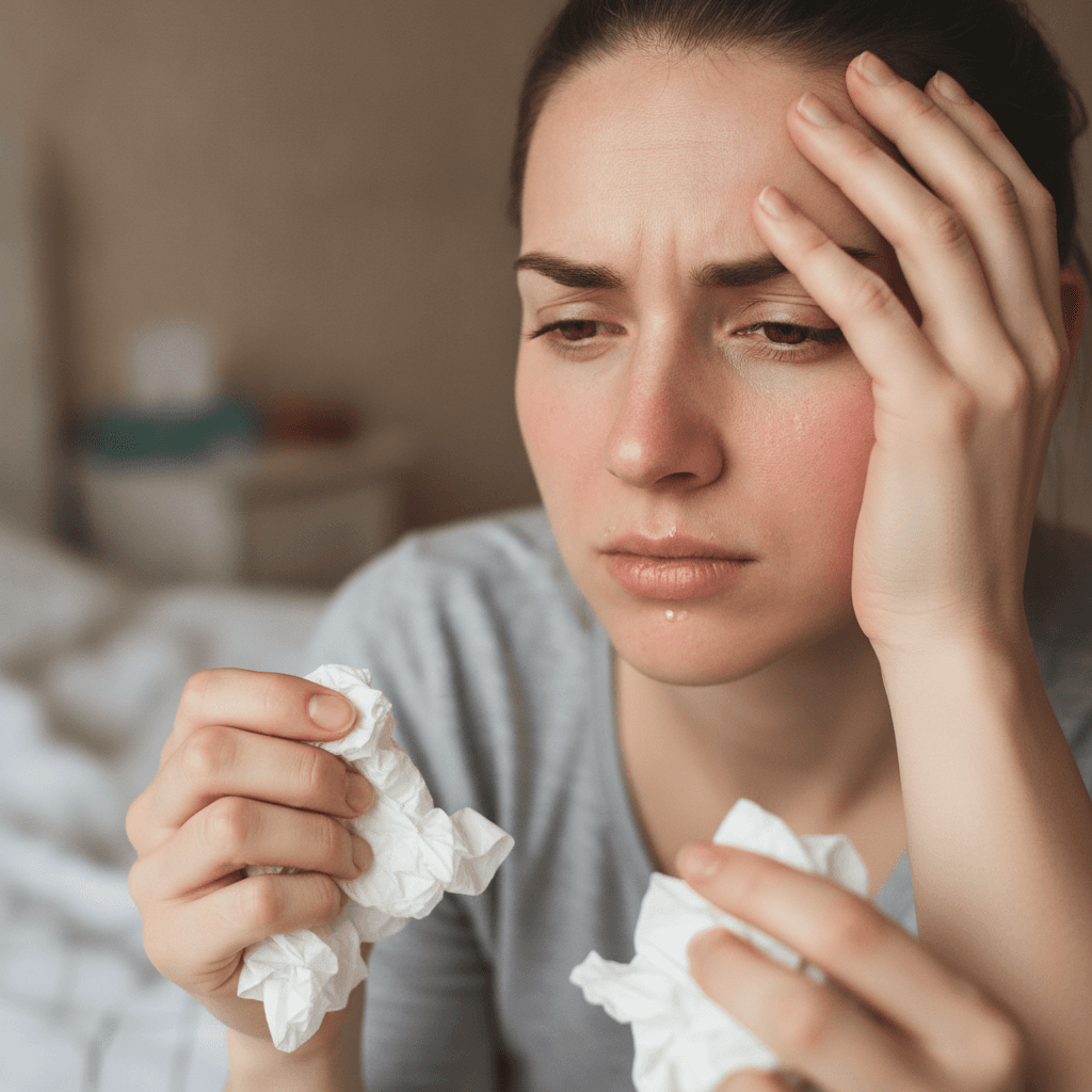 Person experiencing sinus infection symptoms with a hand on their forehead, indicating a headache or facial pain.