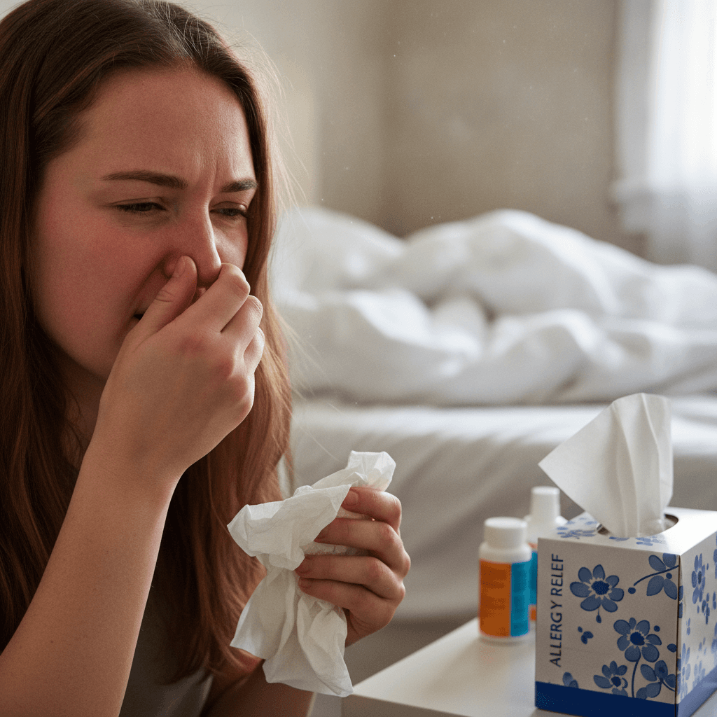 Person experiencing allergy symptoms, rubbing their nose, with a tissue box nearby. Focus on allergy symptoms.
