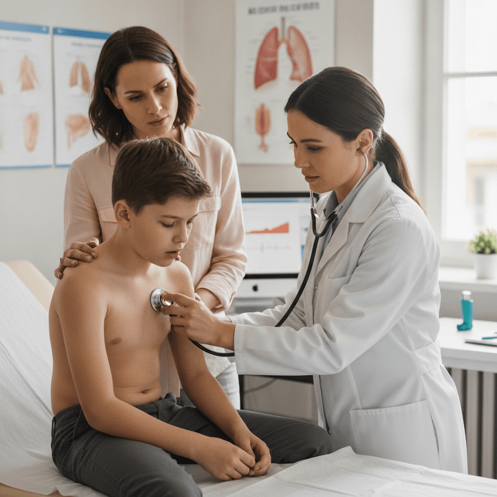 Doctor listening to a patient's lungs with a stethoscope, illustrating asthma symptoms check-up