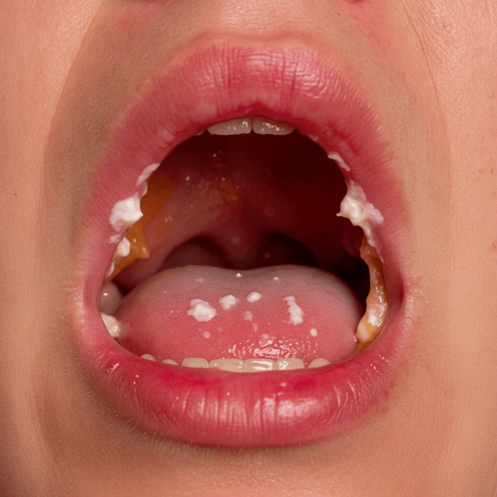 Close-up of a throat with strep throat symptoms, showing redness and white patches, illustrating early detection.