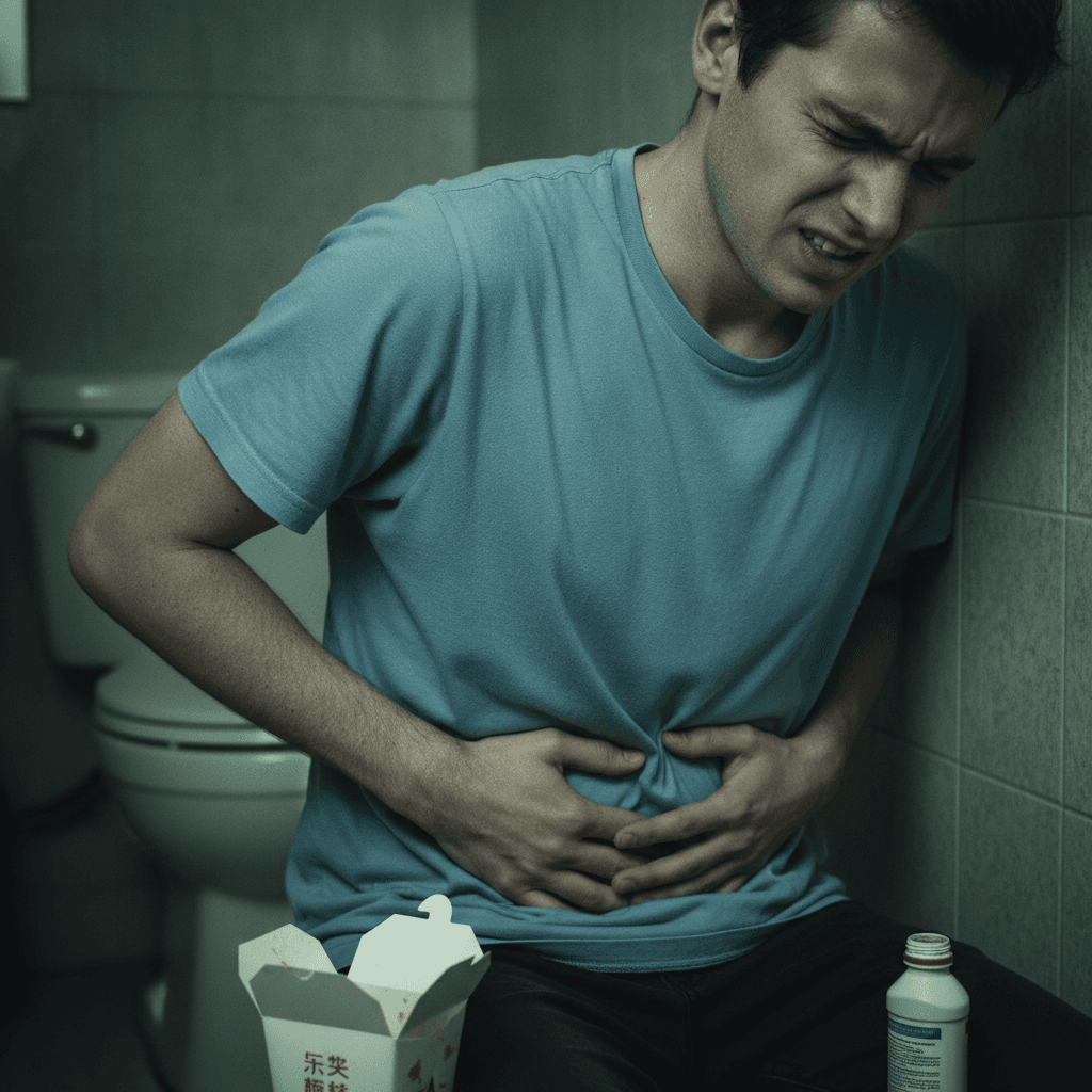 Close-up of a person holding their stomach in discomfort, illustrating food poisoning symptoms