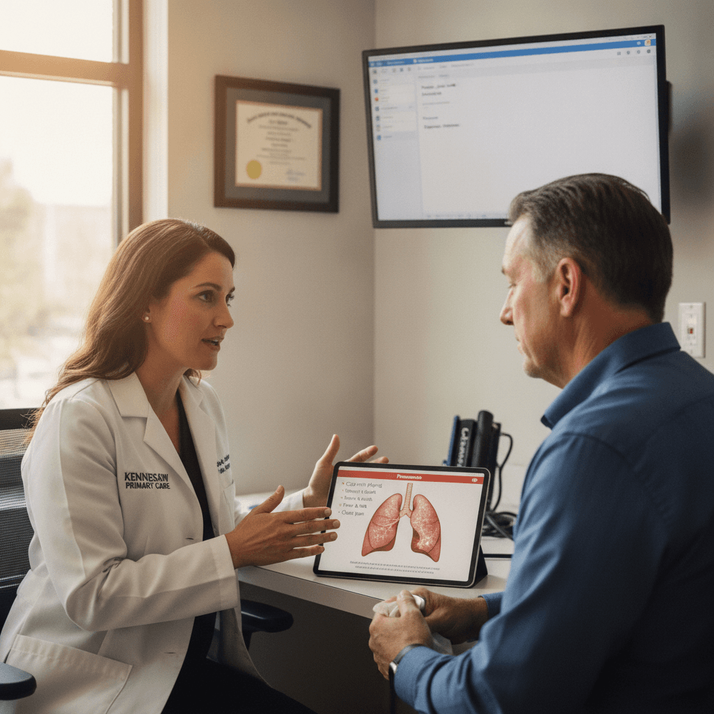 Doctor explaining pneumonia symptoms to a patient at Kennesaw Primary Care