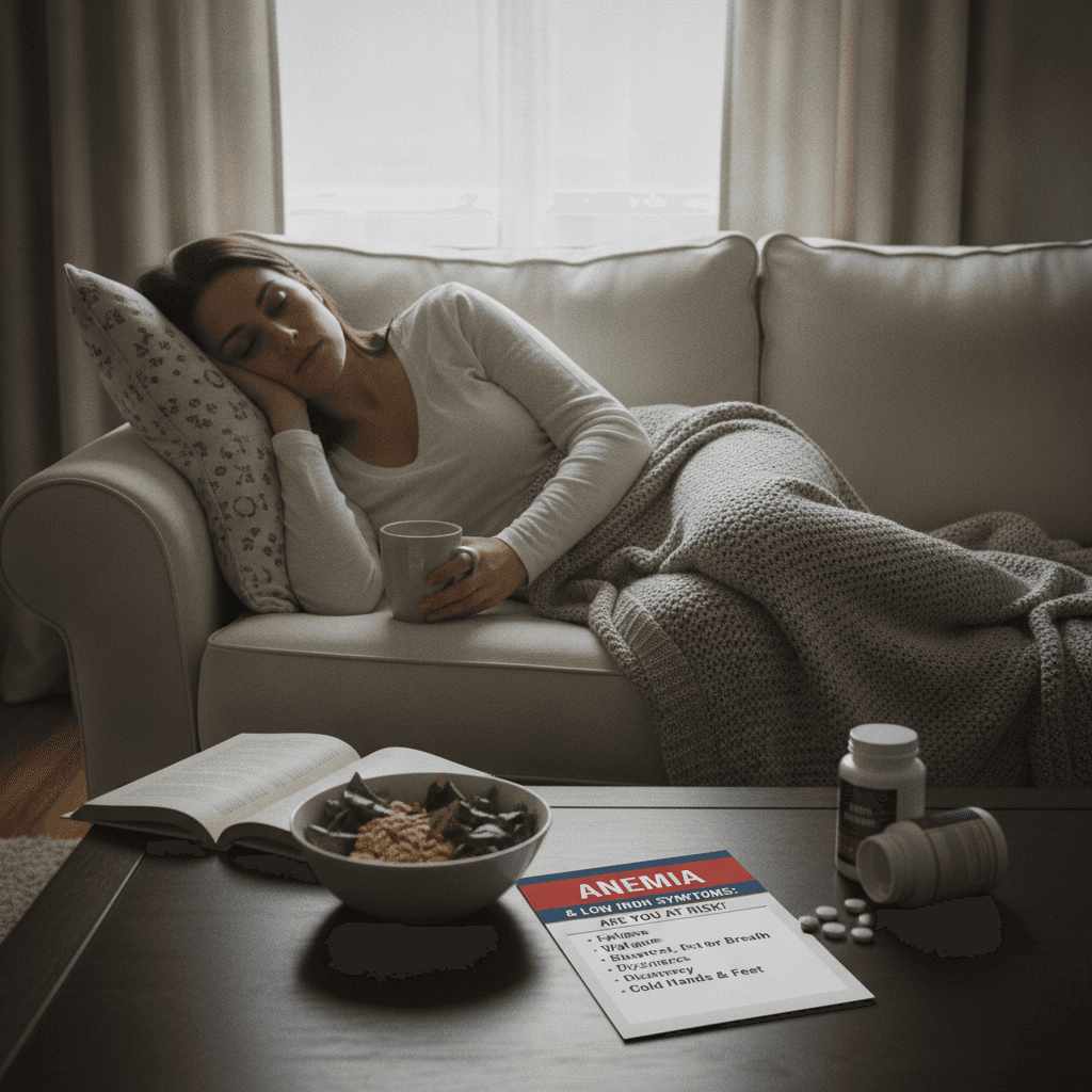 Woman feeling fatigued, illustrating common anemia symptoms and low iron.