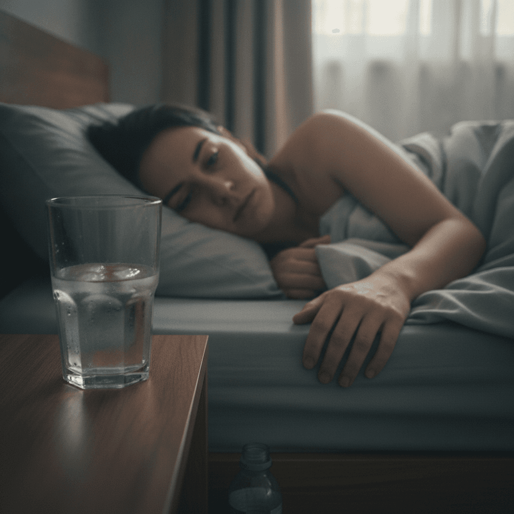 Glass of water next to a person feeling tired, illustrating dehydration symptoms